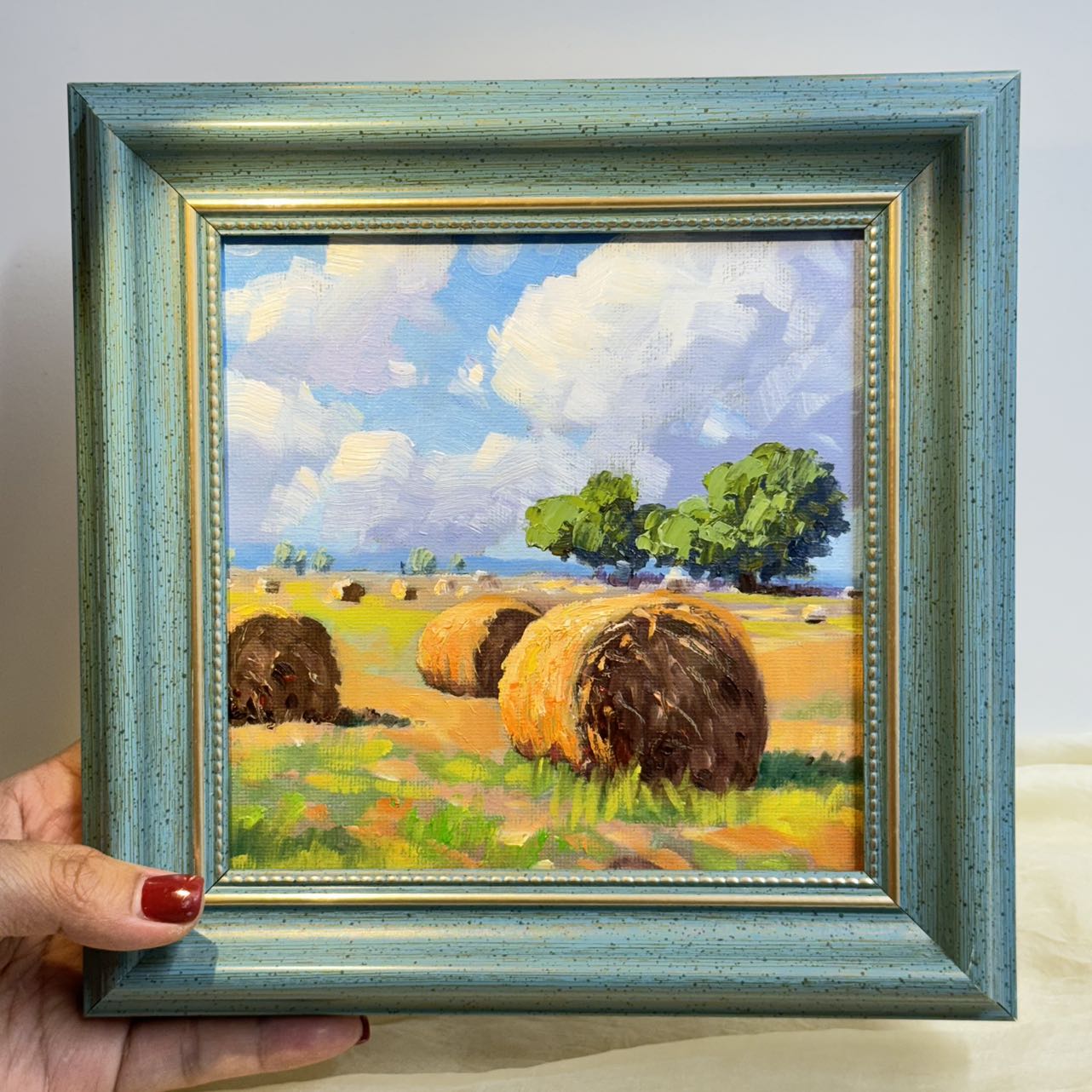 6"x6" Autumn Harvest: Hay Bales at Dusk Original Oil Painting wall art for home decor