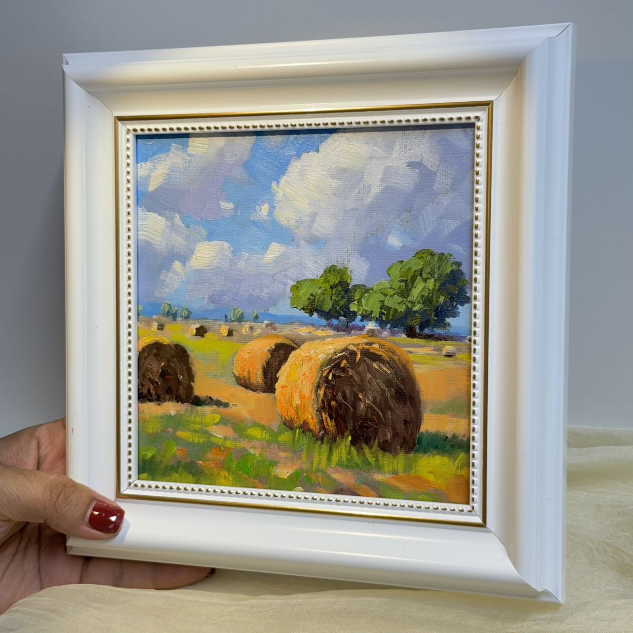 6"x6" Autumn Harvest: Hay Bales at Dusk Original Oil Painting wall art for home decor