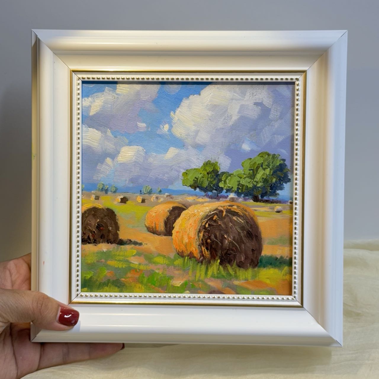 6"x6" Autumn Harvest: Hay Bales at Dusk Original Oil Painting wall art for home decor