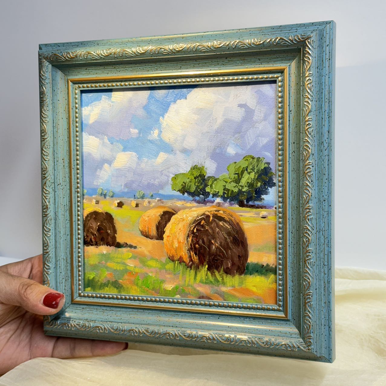 6"x6" Autumn Harvest: Hay Bales at Dusk Original Oil Painting wall art for home decor