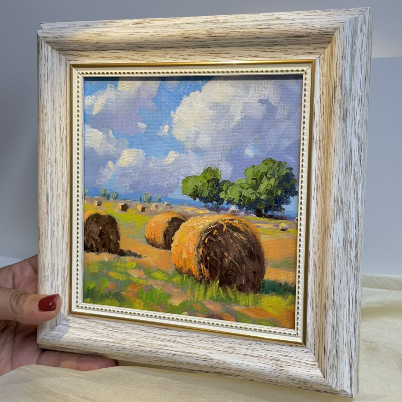 6"x6" Autumn Harvest: Hay Bales at Dusk Original Oil Painting wall art for home decor
