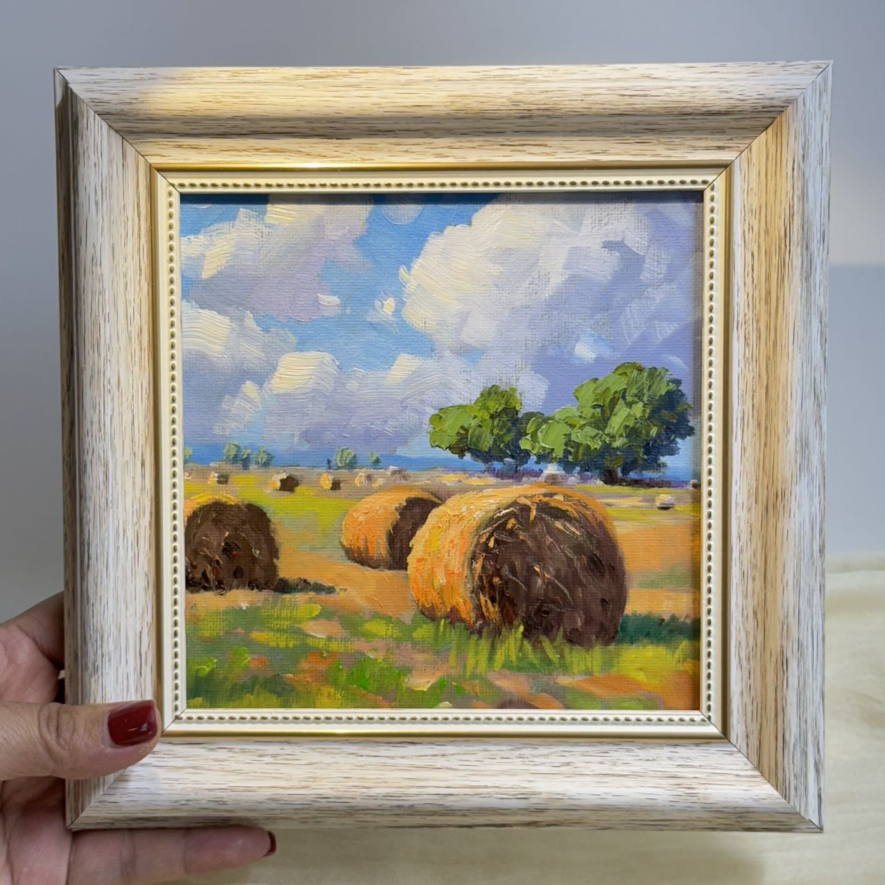 6"x6" Autumn Harvest: Hay Bales at Dusk Original Oil Painting wall art for home decor