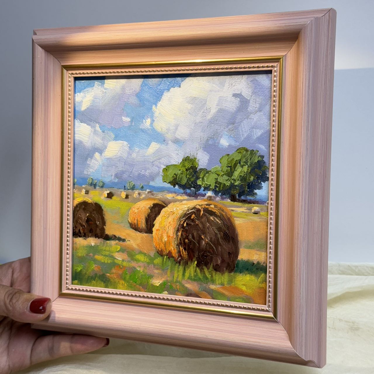 6"x6" Autumn Harvest: Hay Bales at Dusk Original Oil Painting wall art for home decor