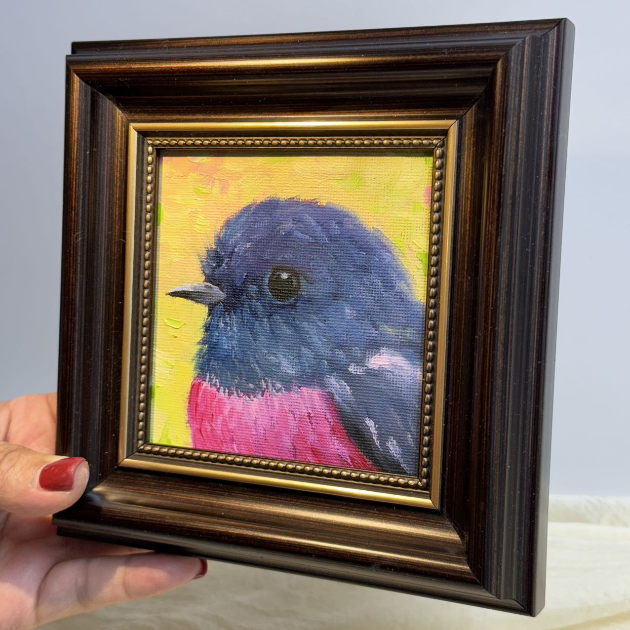 4"x4" Pink Robin: Original Oil Painting - Charming Bird Artwork for Home Decor | Nature Art, Wildlife Painting, Colorful Bird, Unique Gift
