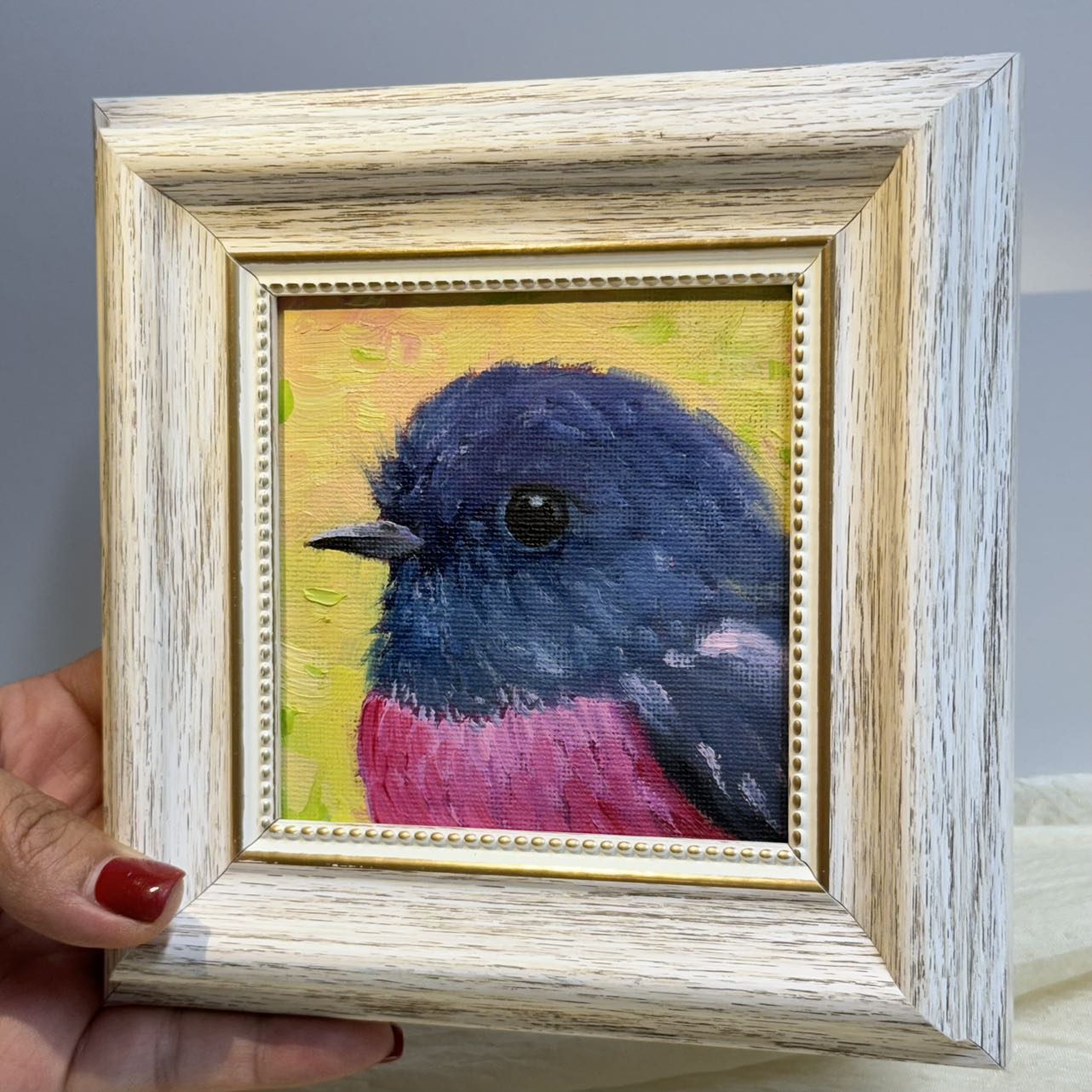 4"x4" Pink Robin: Original Oil Painting - Charming Bird Artwork for Home Decor | Nature Art, Wildlife Painting, Colorful Bird, Unique Gift