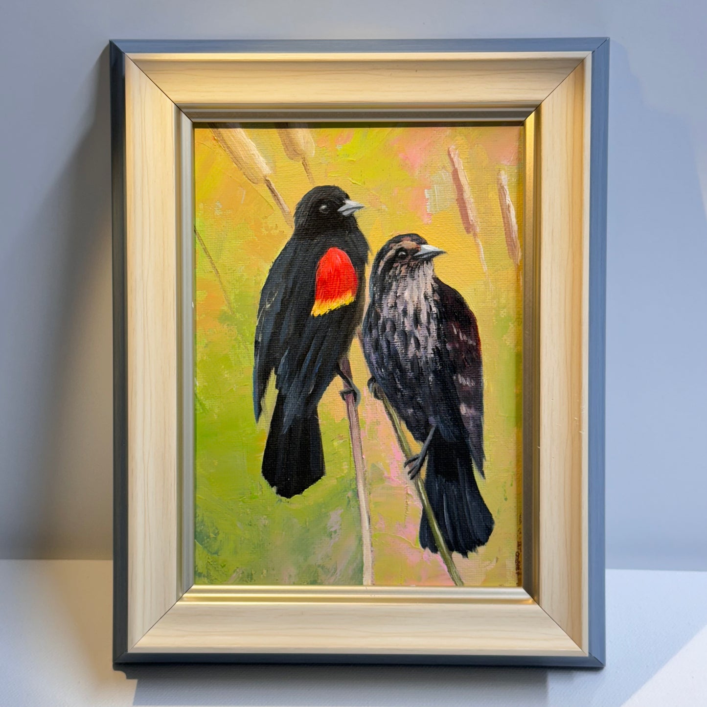 5"x7" Red-Winged Blackbird Pair - Original Oil Painting | Hand-Painted Bird Art for Home Decor