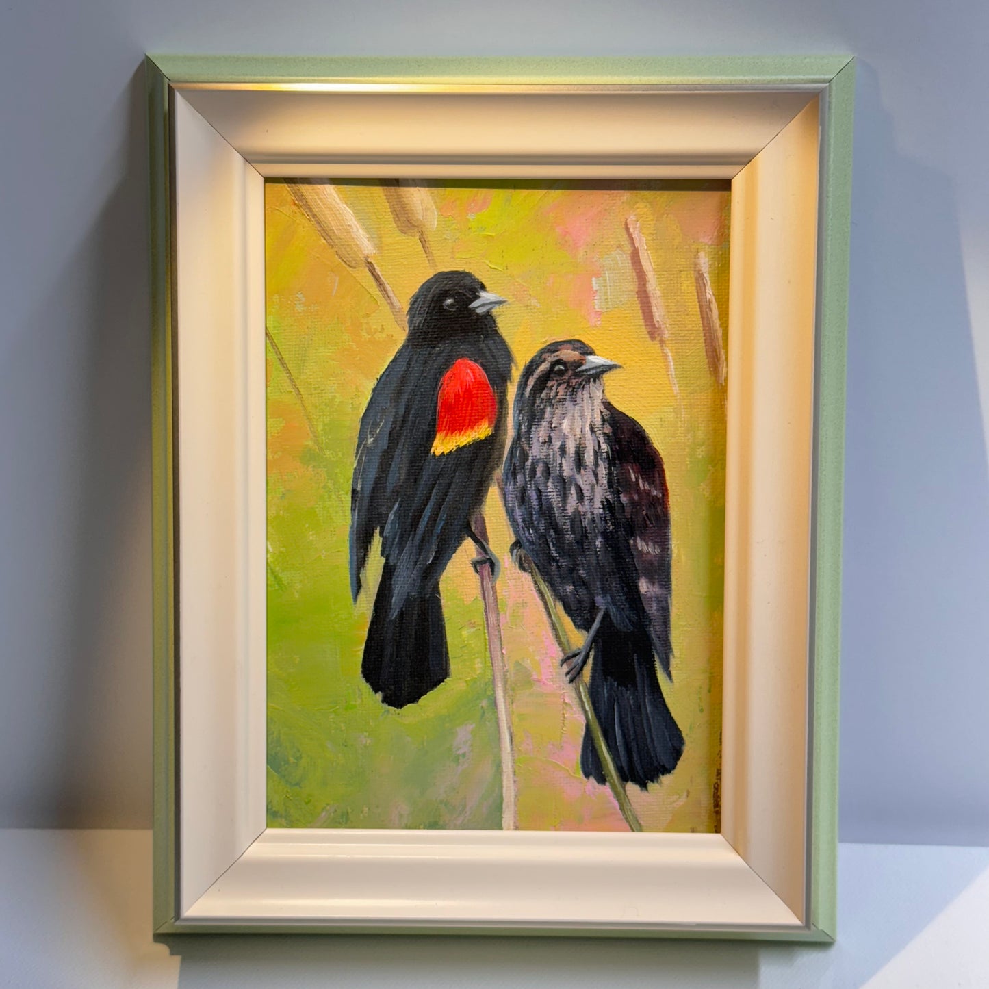5"x7" Red-Winged Blackbird Pair - Original Oil Painting | Hand-Painted Bird Art for Home Decor
