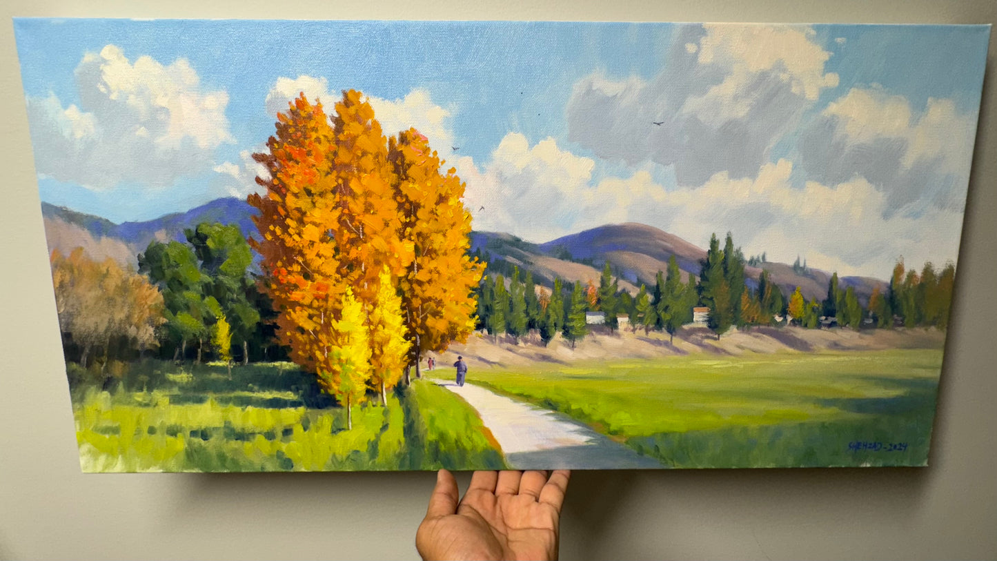 15"x30" Canada Merritt Rotary Park Fall Landscape - Hand Painted Original Oil Painting - Autumn Wall Art Home Decor