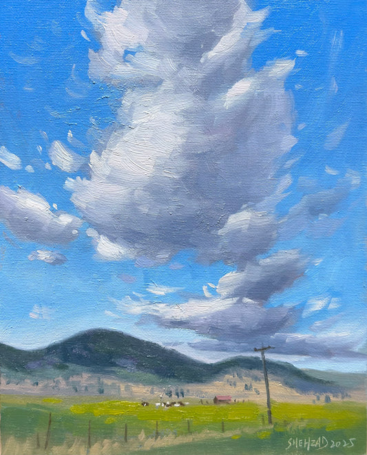 My original oil painting - Dancing clouds over Valley- on Canvas panel-10x8 inches- Location is Near lower Nicola.