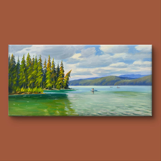 Beautiful Lake Oil painting- 24x12 inch Canvas- On spot oil painting at Johnson Lake BC