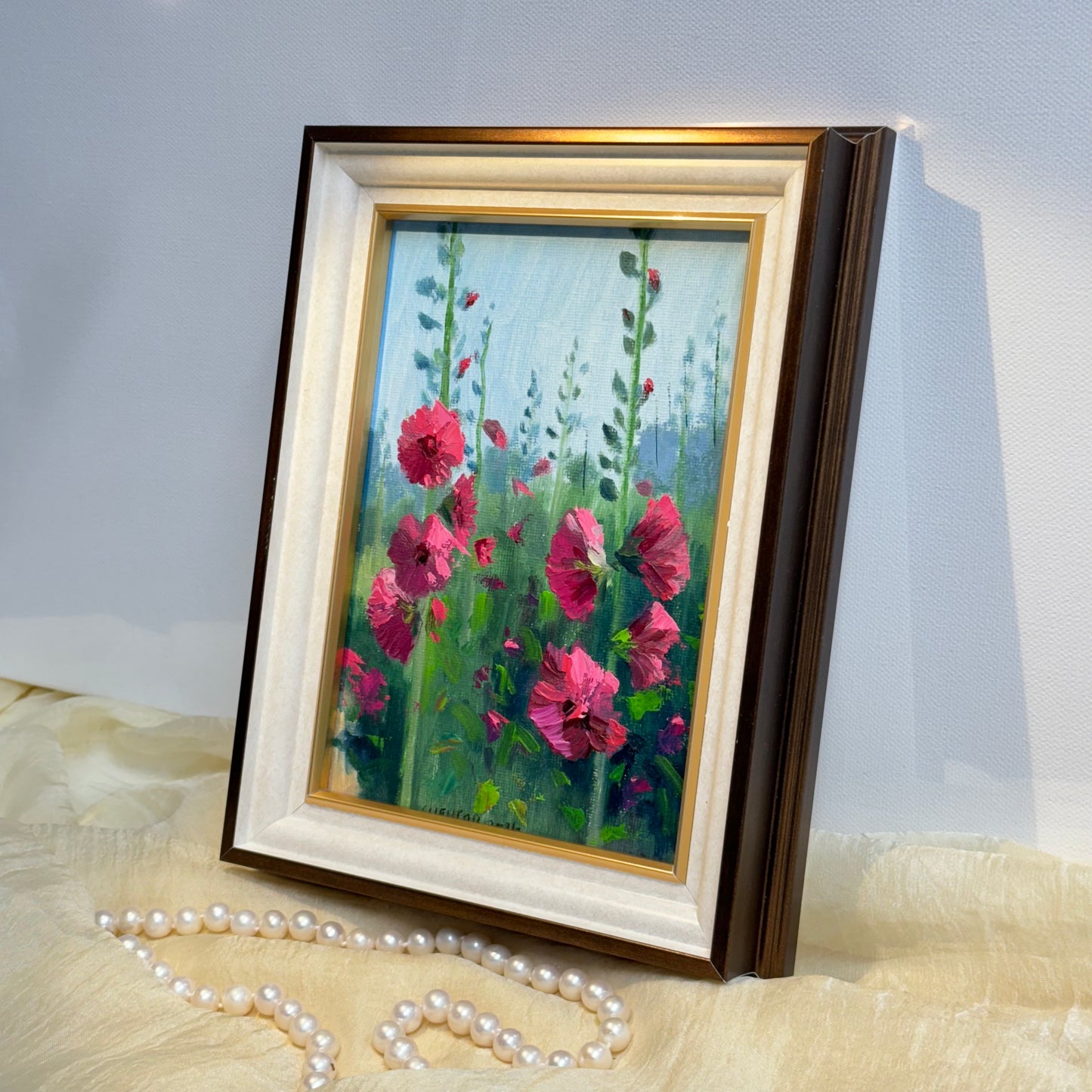 5"x7"Mallow flowers Original handmade oil painting art on Stretched Canvas wall art
