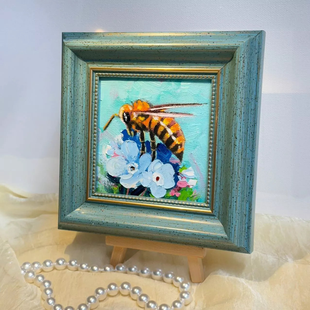 4"x4" Bumble bee original small oil painting with frame wall art home decor