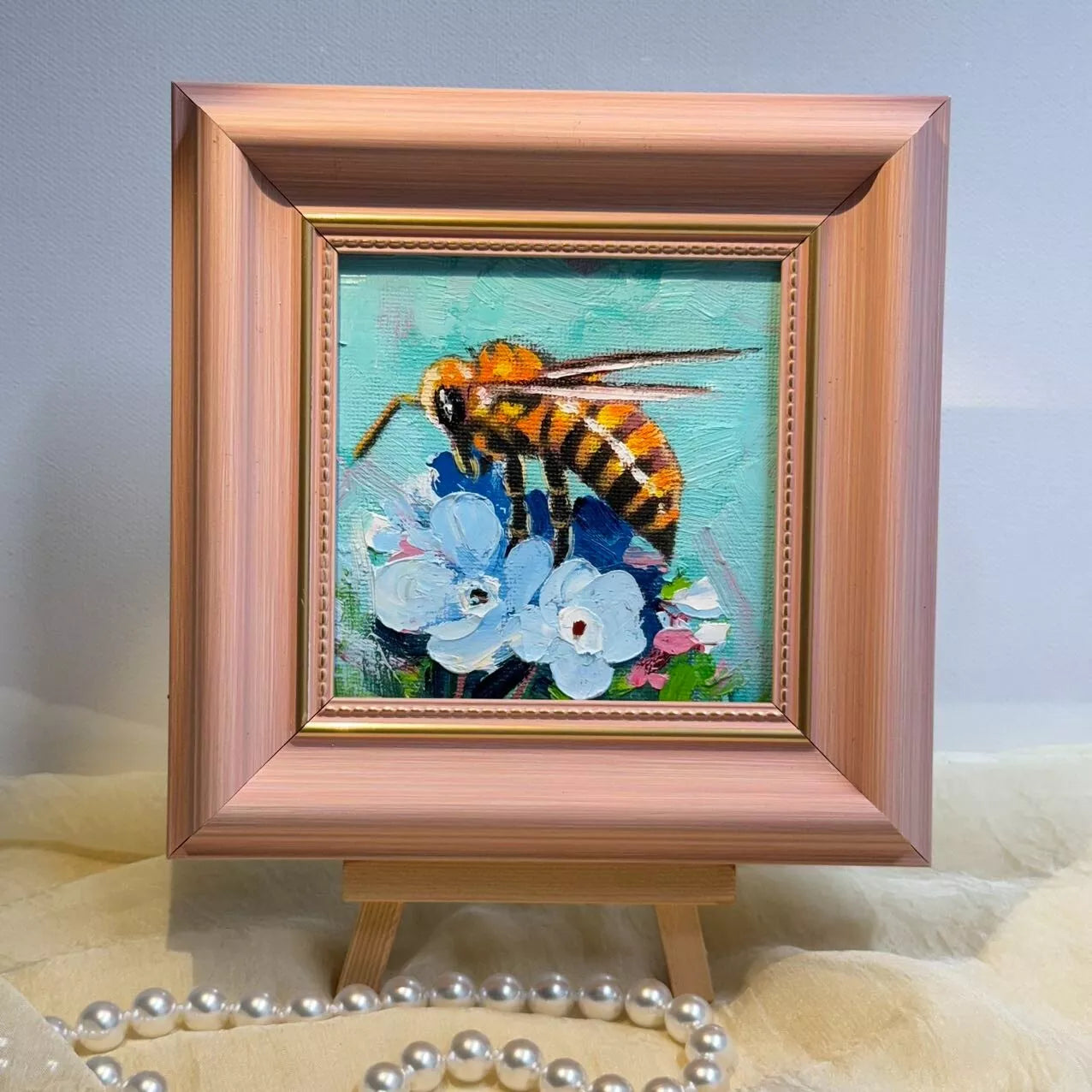 4"x4" Bumble bee original small oil painting with frame wall art home decor