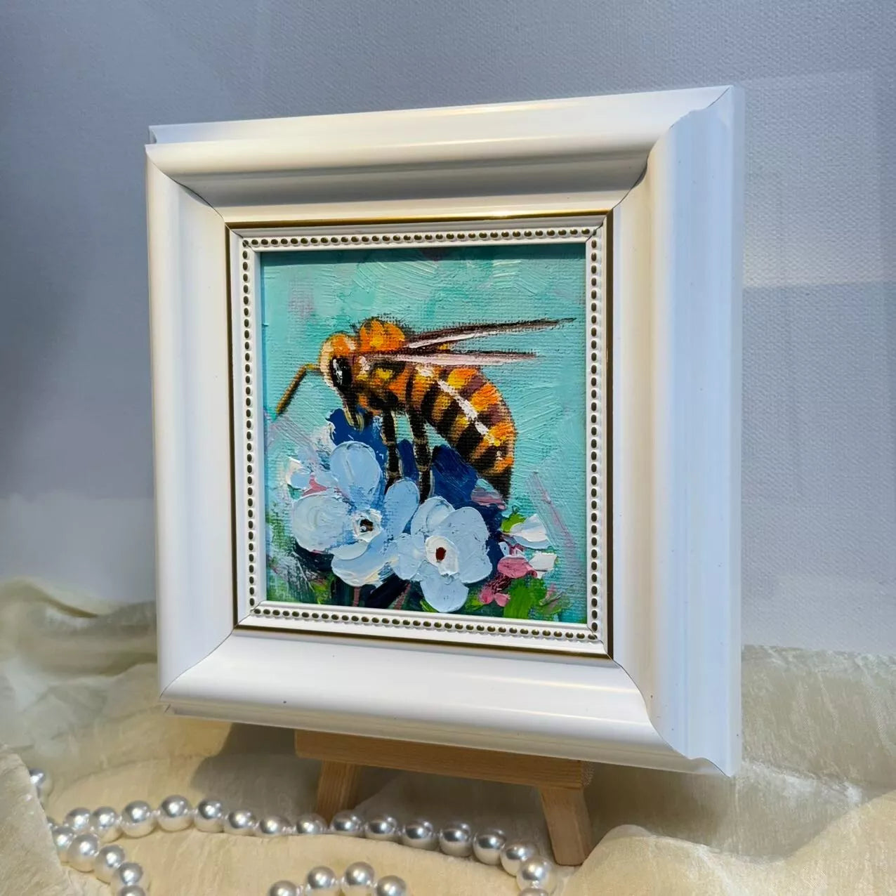 4"x4" Bumble bee original small oil painting with frame wall art home decor