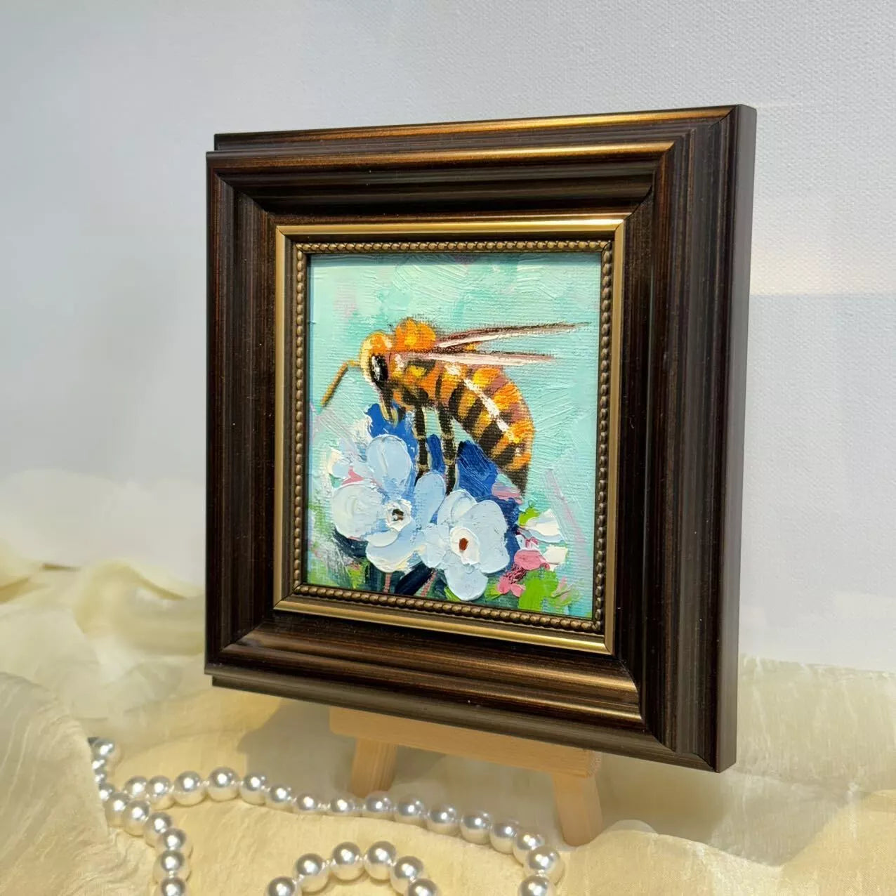 4"x4" Bumble bee original small oil painting with frame wall art home decor