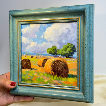 Autumn Harvest: Hay Bales at Dusk Original Oil Painting 6"x6" wall art for home decor