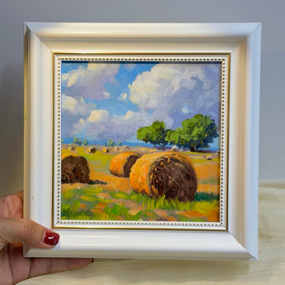 Autumn Harvest: Hay Bales at Dusk Original Oil Painting 6"x6" wall art for home decor