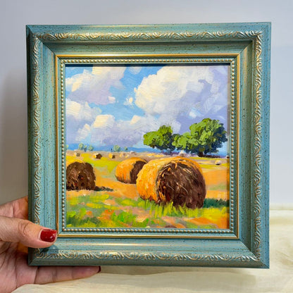 Autumn Harvest: Hay Bales at Dusk Original Oil Painting 6"x6" wall art for home decor