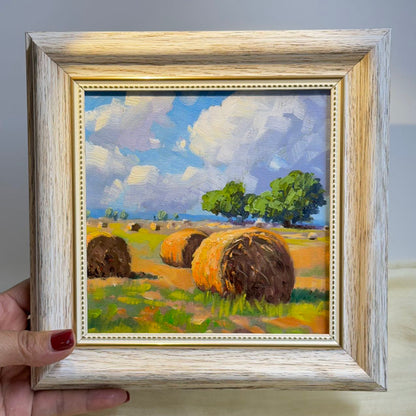 Autumn Harvest: Hay Bales at Dusk Original Oil Painting 6"x6" wall art for home decor