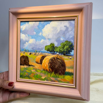 Autumn Harvest: Hay Bales at Dusk Original Oil Painting 6"x6" wall art for home decor