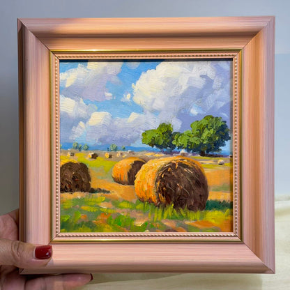 Autumn Harvest: Hay Bales at Dusk Original Oil Painting 6"x6" wall art for home decor