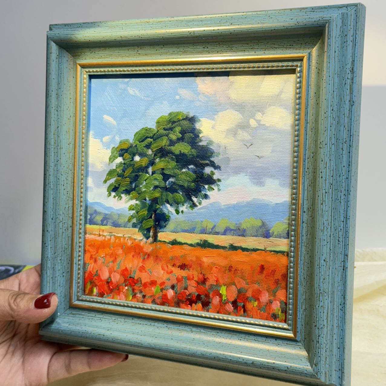 6"x6 Poppy Field Bliss: Hand-Painted Original Landscape Oil Painting " on canvas panel- Wall Art for Home Decor | Vibrant Floral Artwork, Unique Gift, Nature Scene