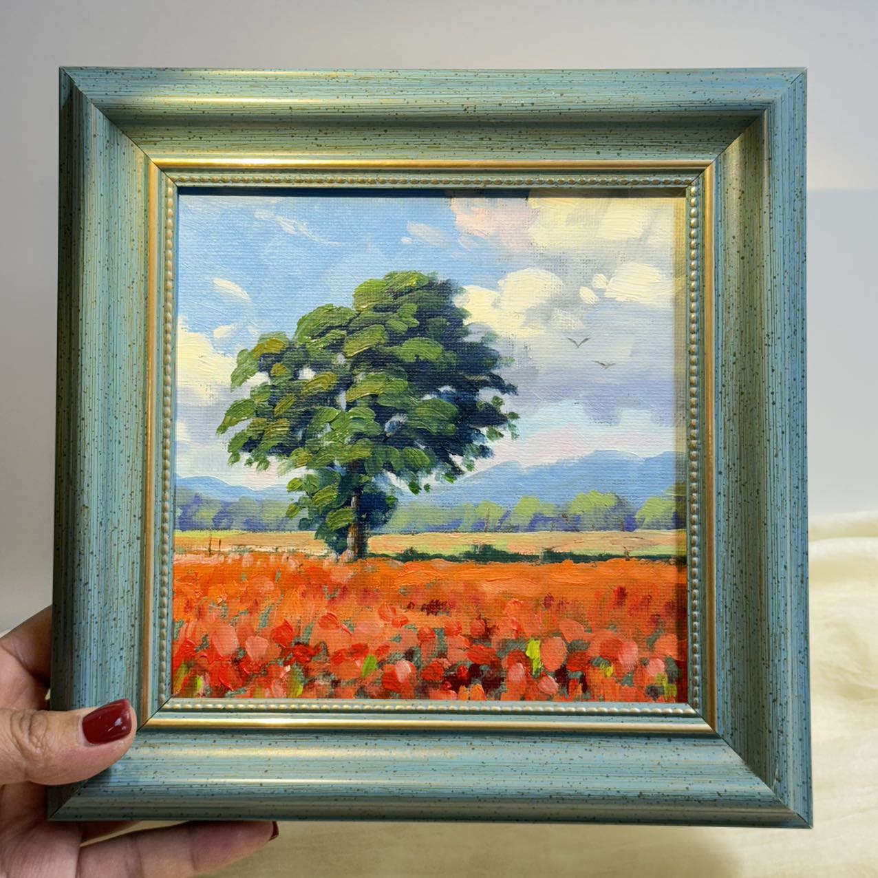 Poppy Field Bliss: Hand-Painted Original Landscape Oil Painting 6"x6" on canvas panel- Wall Art for Home Decor | Vibrant Floral Artwork, Unique Gift, Nature Scene