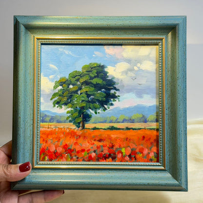 6"x6 Poppy Field Bliss: Hand-Painted Original Landscape Oil Painting " on canvas panel- Wall Art for Home Decor | Vibrant Floral Artwork, Unique Gift, Nature Scene