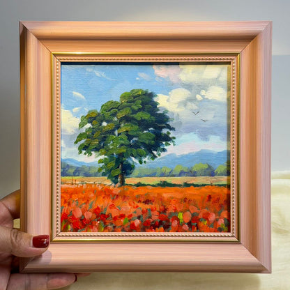 6"x6 Poppy Field Bliss: Hand-Painted Original Landscape Oil Painting " on canvas panel- Wall Art for Home Decor | Vibrant Floral Artwork, Unique Gift, Nature Scene