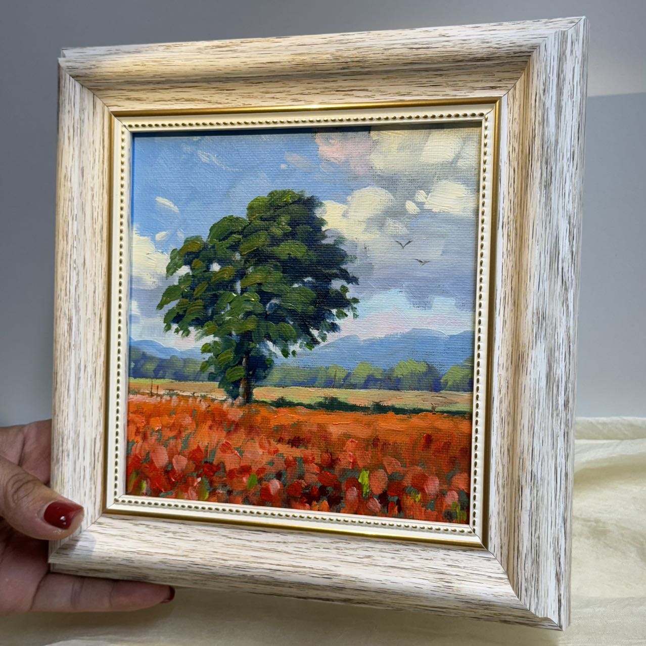 Poppy Field Bliss: Hand-Painted Original Landscape Oil Painting 6"x6" on canvas panel- Wall Art for Home Decor | Vibrant Floral Artwork, Unique Gift, Nature Scene