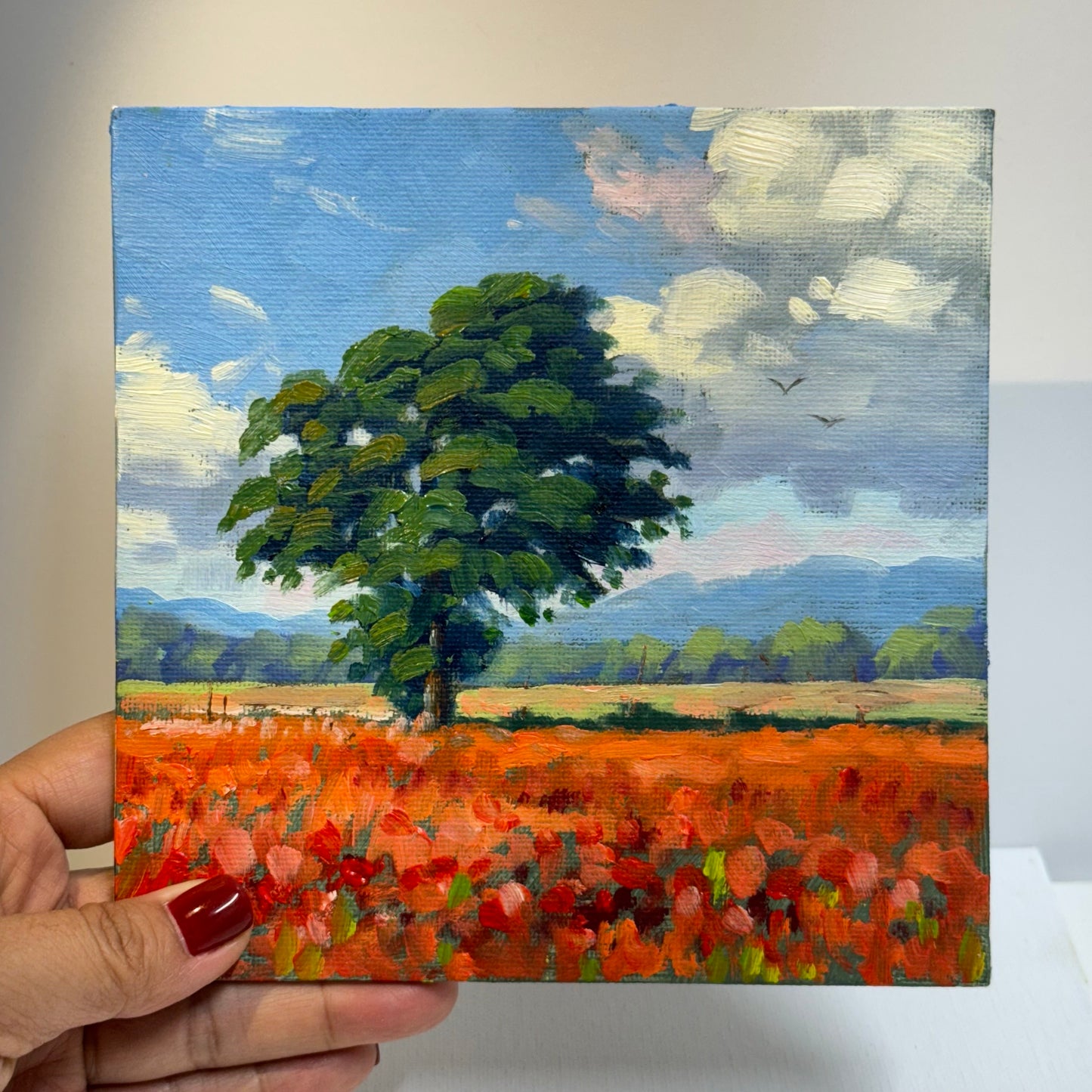 6"x6 Poppy Field Bliss: Hand-Painted Original Landscape Oil Painting " on canvas panel- Wall Art for Home Decor | Vibrant Floral Artwork, Unique Gift, Nature Scene