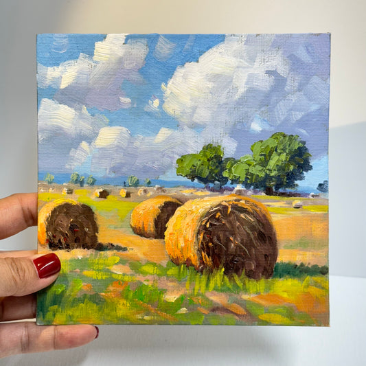 6"x6" Autumn Harvest: Hay Bales at Dusk Original Oil Painting wall art for home decor