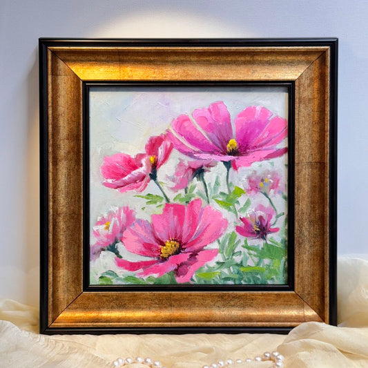 8"x8" Charming Pink Cosmos Flowers: Original Oil Painting - Floral Art for Home Decor | Unique Gift, Nature Artwork, Hand-Painted Wall Art, Vibrant Colors