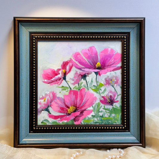 8"x8" Charming Pink Cosmos Flowers: Original Oil Painting - Floral Art for Home Decor | Unique Gift, Nature Artwork, Hand-Painted Wall Art, Vibrant Colors