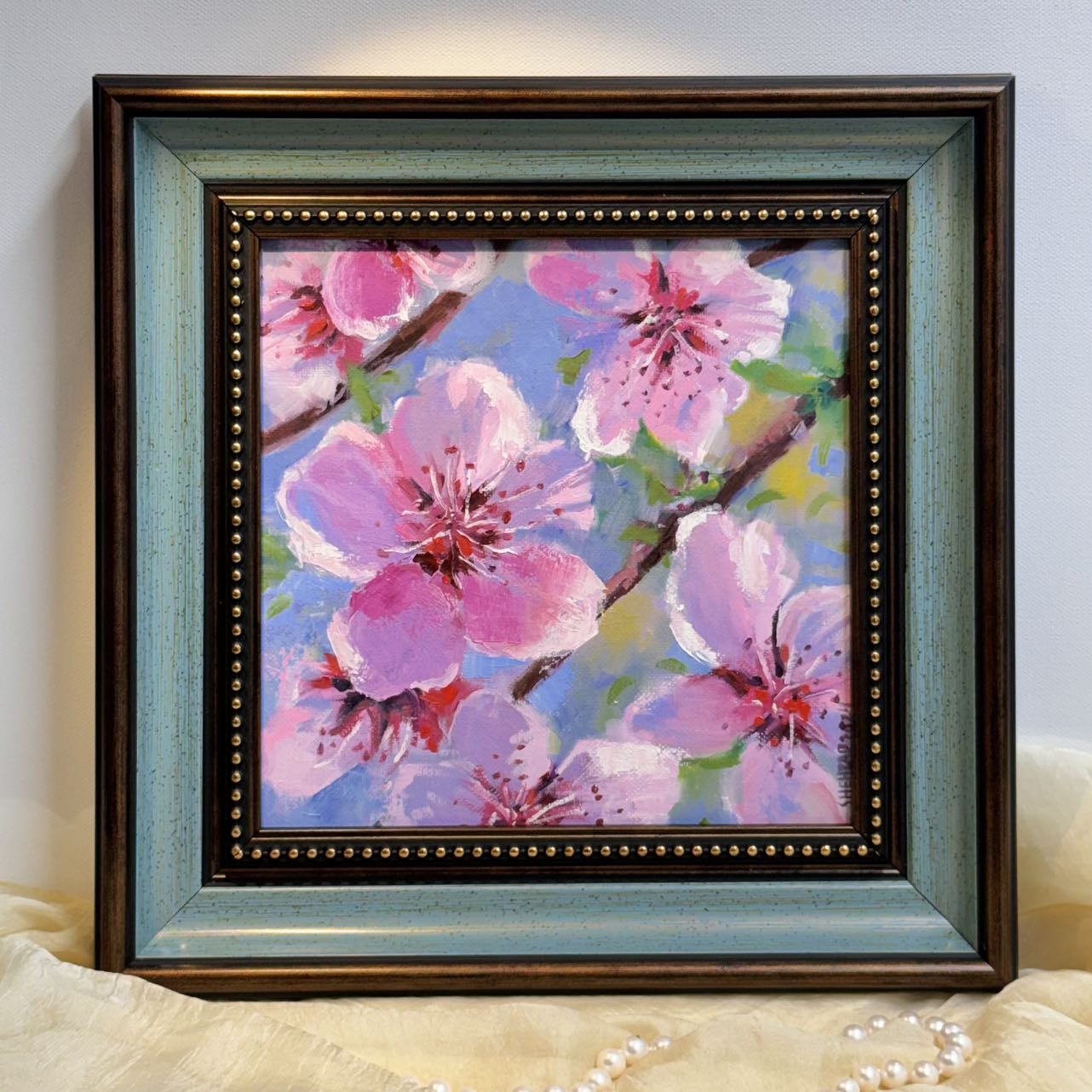 8"x8" Serene Cherry Blossom: Original Oil Painting - Floral Art for Home Decor | Unique Gift, Nature Artwork, Hand-Painted Wall Art, Tranquil Decor