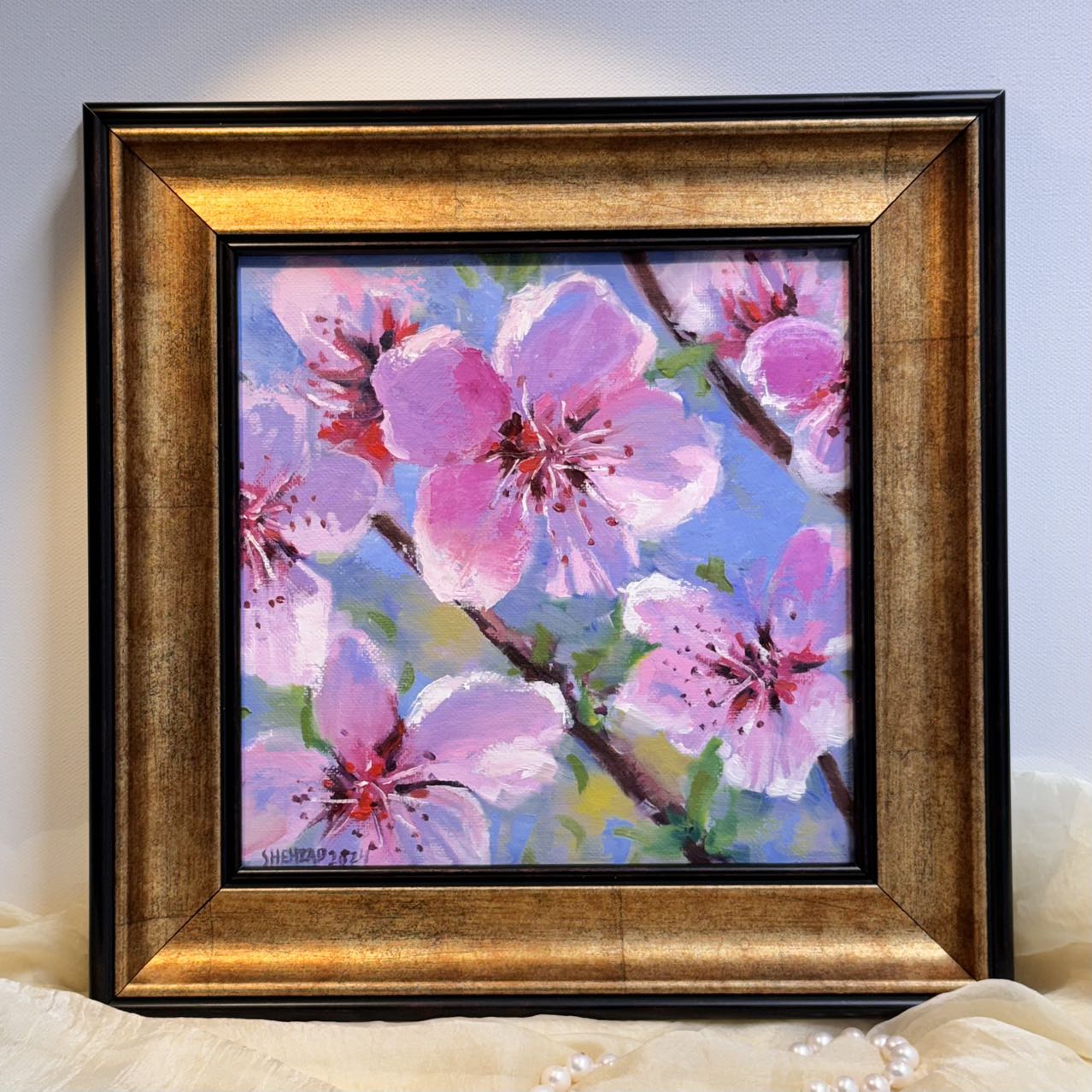 8"x8" Serene Cherry Blossom: Original Oil Painting - Floral Art for Home Decor | Unique Gift, Nature Artwork, Hand-Painted Wall Art, Tranquil Decor