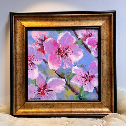 8"x8" Serene Cherry Blossom: Original Oil Painting - Floral Art for Home Decor | Unique Gift, Nature Artwork, Hand-Painted Wall Art, Tranquil Decor