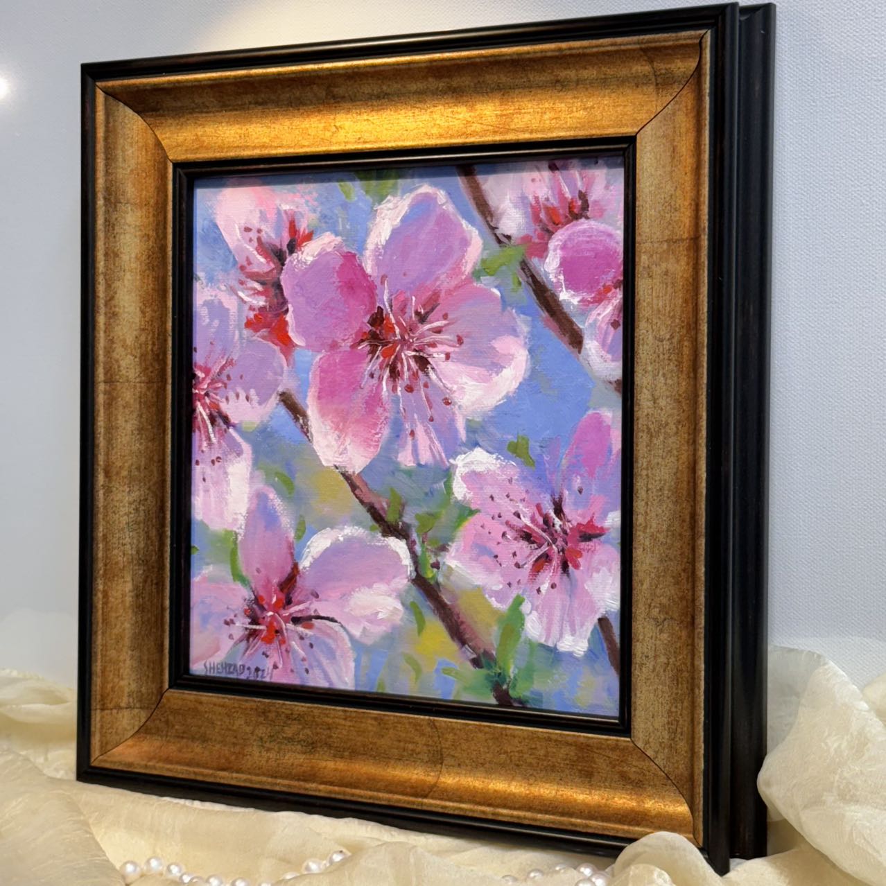 8"x8" Serene Cherry Blossom: Original Oil Painting - Floral Art for Home Decor | Unique Gift, Nature Artwork, Hand-Painted Wall Art, Tranquil Decor