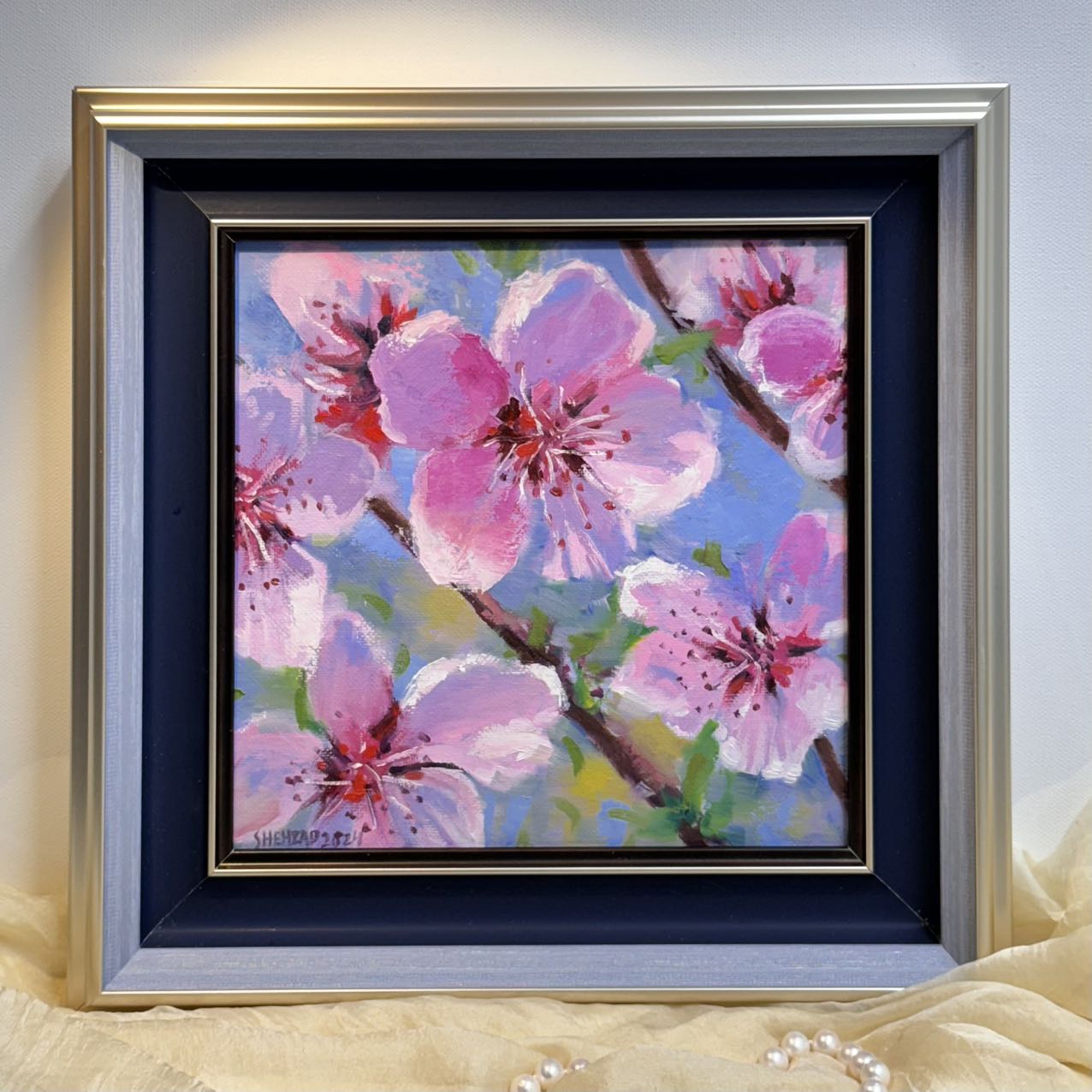 8"x8" Serene Cherry Blossom: Original Oil Painting - Floral Art for Home Decor | Unique Gift, Nature Artwork, Hand-Painted Wall Art, Tranquil Decor