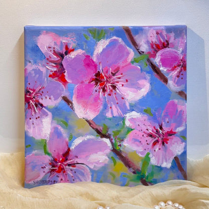 8"x8" Serene Cherry Blossom: Original Oil Painting - Floral Art for Home Decor | Unique Gift, Nature Artwork, Hand-Painted Wall Art, Tranquil Decor