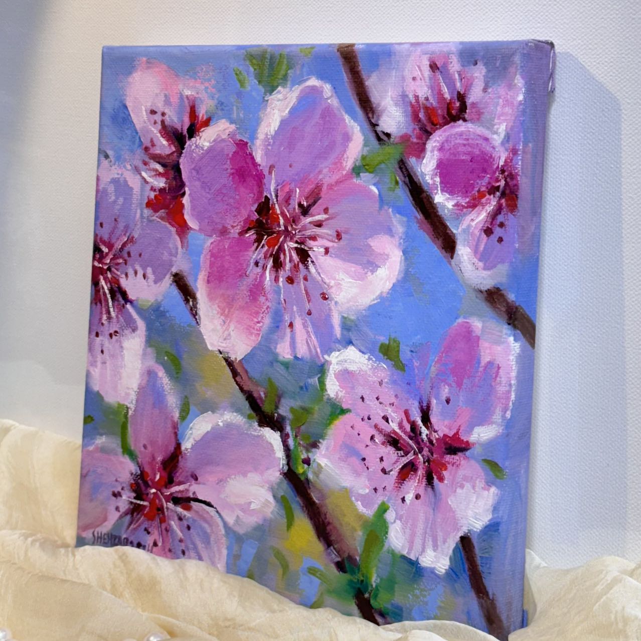 8"x8" Serene Cherry Blossom: Original Oil Painting - Floral Art for Home Decor | Unique Gift, Nature Artwork, Hand-Painted Wall Art, Tranquil Decor