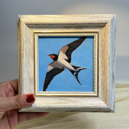 4"x4" Barn Swallow: Original Small Oil Painting - Framed Canvas Artwork for Home Decor | Charming Bird Art, Unique Gift