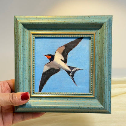 4"x4" Barn Swallow: Original Small Oil Painting - Framed Canvas Artwork for Home Decor | Charming Bird Art, Unique Gift