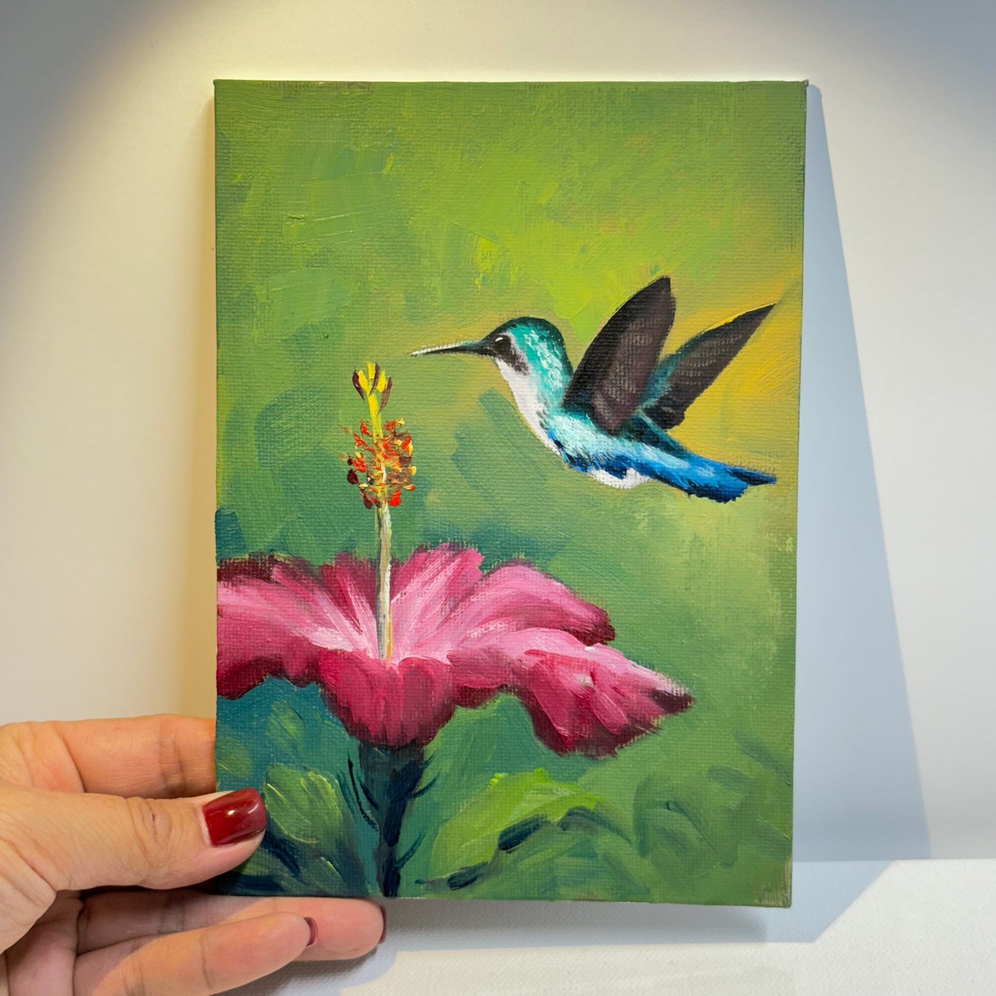 5"x7" Hummingbird and Flower Oil Painting - Hand-Painted Original Artwork on Canvas | Vibrant Bird & Floral Wall Art for Home Decor