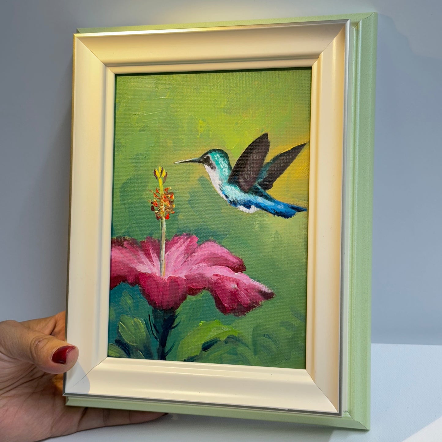 5"x7" Hummingbird and Flower Oil Painting - Hand-Painted Original Artwork on Canvas | Vibrant Bird & Floral Wall Art for Home Decor