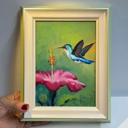 5"x7" Hummingbird and Flower Oil Painting - Hand-Painted Original Artwork on Canvas | Vibrant Bird & Floral Wall Art for Home Decor