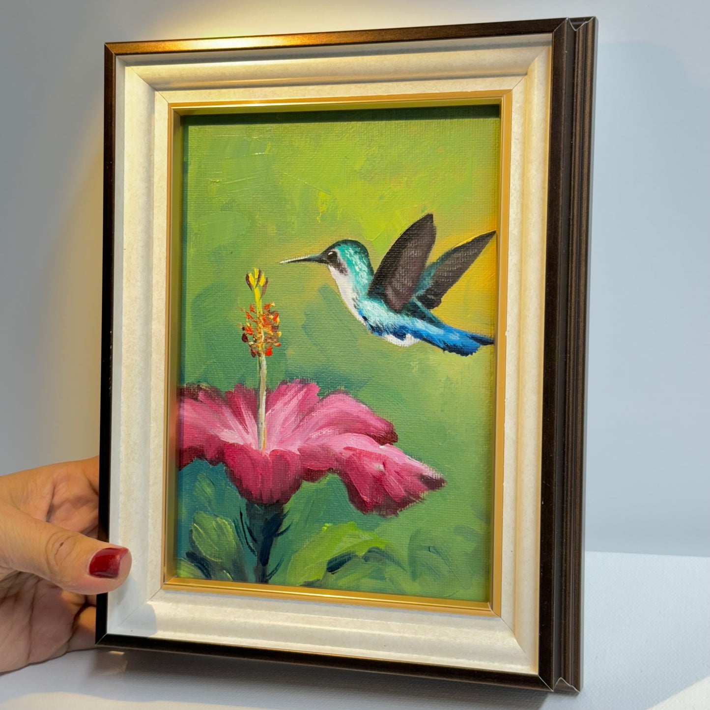 5"x7" Hummingbird and Flower Oil Painting - Hand-Painted Original Artwork on Canvas | Vibrant Bird & Floral Wall Art for Home Decor