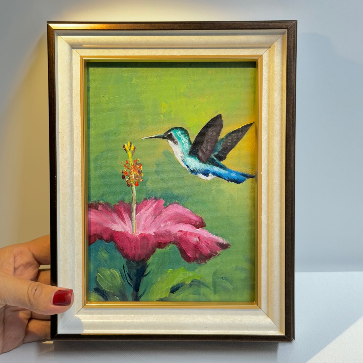 5"x7" Hummingbird and Flower Oil Painting - Hand-Painted Original Artwork on Canvas | Vibrant Bird & Floral Wall Art for Home Decor