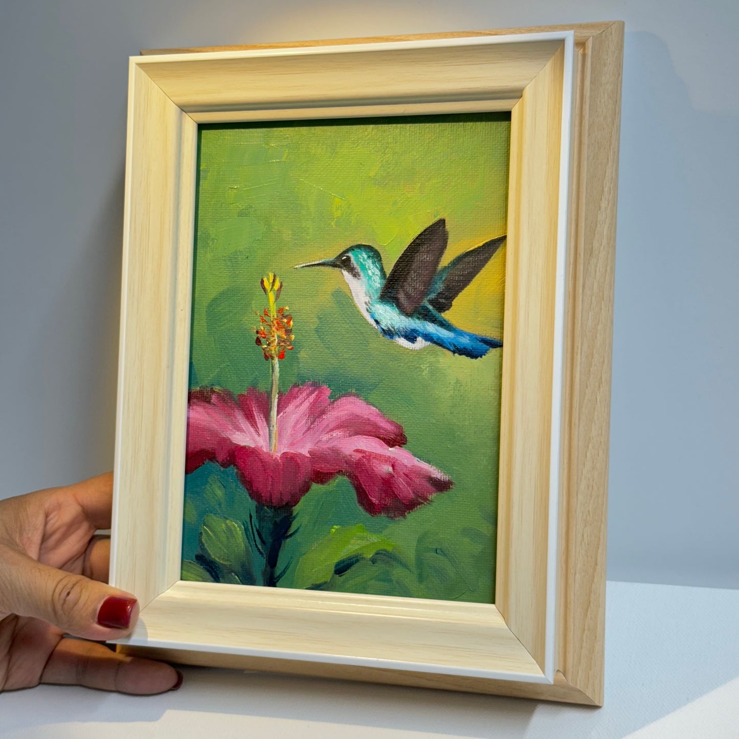 5"x7" Hummingbird and Flower Oil Painting - Hand-Painted Original Artwork on Canvas | Vibrant Bird & Floral Wall Art for Home Decor