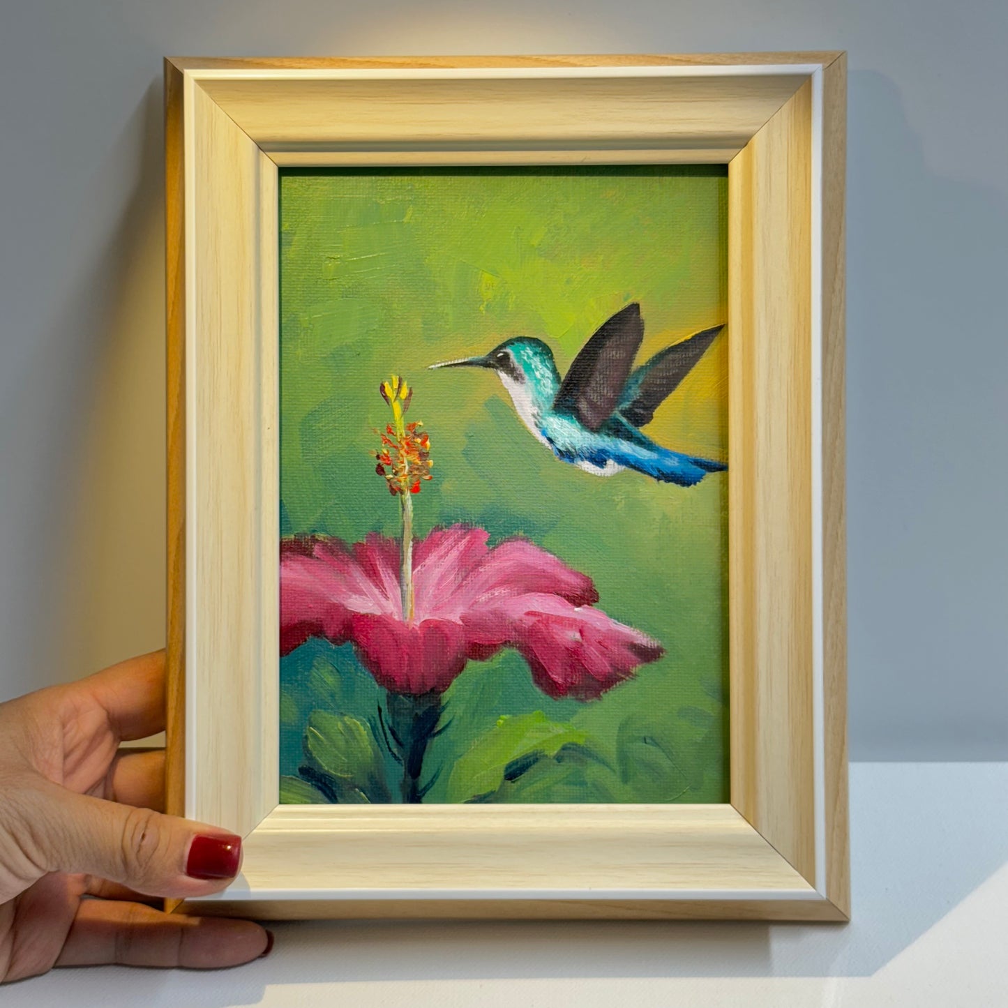 5"x7" Hummingbird and Flower Oil Painting - Hand-Painted Original Artwork on Canvas | Vibrant Bird & Floral Wall Art for Home Decor